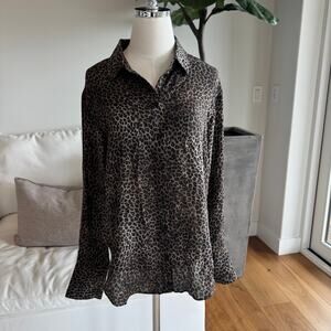 Frame Brown Leopard Print Silk Button Down Blouse Size M